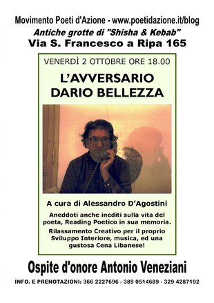Locandina Ufficiale de' L'Avversario Dario Bellezza, evento con Antonio Veneziani, Alessandro D'Agostini