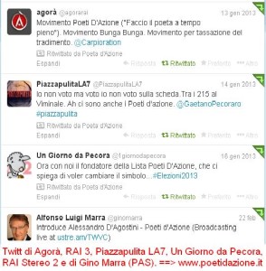 Twitt sui Poeti d'Azione da parte della RAI, de' LA7 e dell'avvocato Marra.
