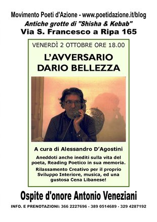 Locandina Ufficiale de' L'Avversario Dario Bellezza, evento con Antonio Veneziani, Alessandro D'Agostini
