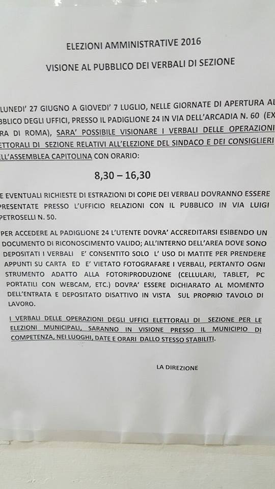 Avviso Ufficio Elettorale Centrale di Roma Via Petroselli. Dati Elettorali 2016